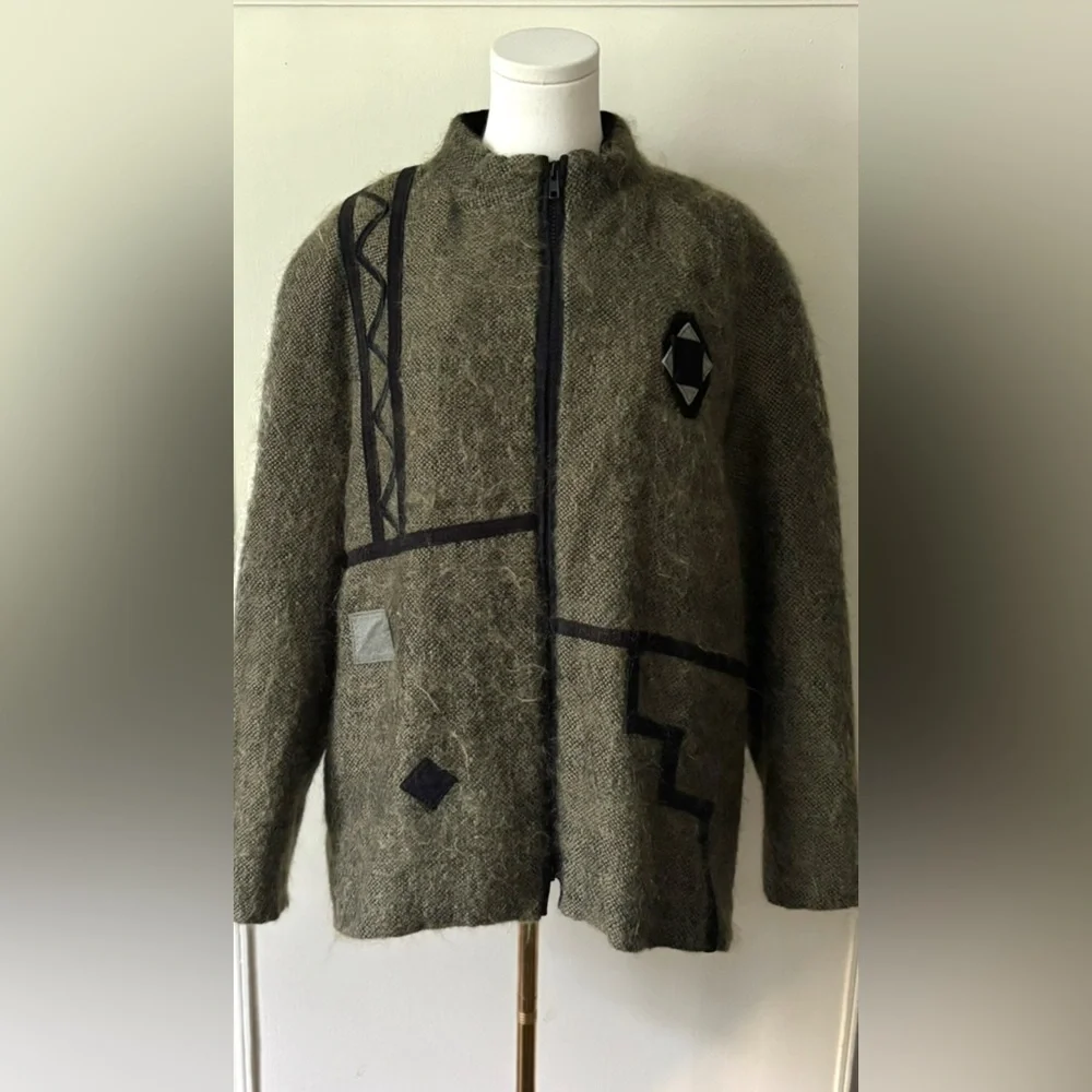 Vintage 80s‎ Canadian Green Wool Mohair Artistic Bohemian Funky Appliqué Coat - Picture 3 of 12